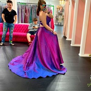 Blue Purple Pink color shift prom gown. with adjustable leg slit and pockets.